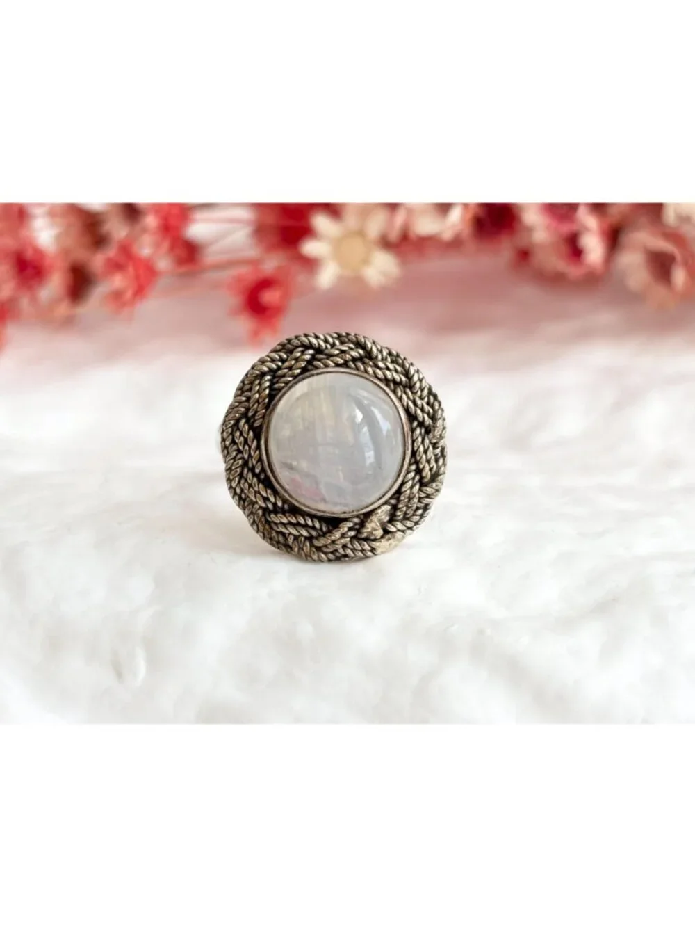 Round Moonstone Southwest Style Braided Sterling Silver 925 Vintage Ring - sz 7